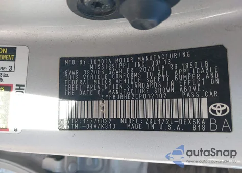 2014 Toyota Corolla S Plus from USA, damaged, VIN 5YFBURHE2EP012102